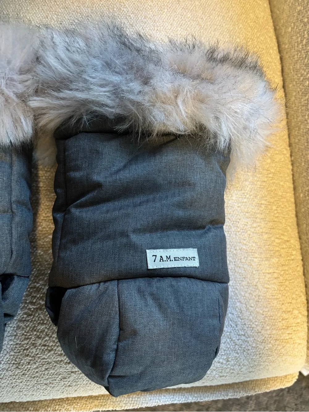 7 A.M. Enfant Gray Faux-Fur Trim Stroller Hand Muffs